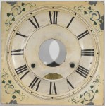 Dial: metal, two rings drawn around time track, dots for minute marks. Early features of dial: tapered numerals 3, 4 and 8, small winding holes (8.2 mm). Has an engraved brass nameplate, an unusual feature.