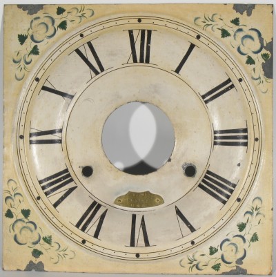 Dial: metal, two rings drawn around time track, dots for minute marks. Early features of dial: tapered numerals 3, 4 and 8, small winding holes (8.2 mm). Has an engraved brass nameplate, an unusual feature.